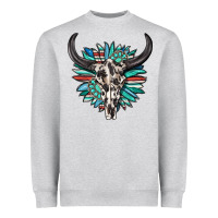 Heather Grey western bull skull with sunflower and gemstone Heavyweight Sweatshirt - texasbilliewilder
