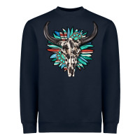 Navy western bull skull with sunflower and gemstone Heavyweight Sweatshirt - texasbilliewilder