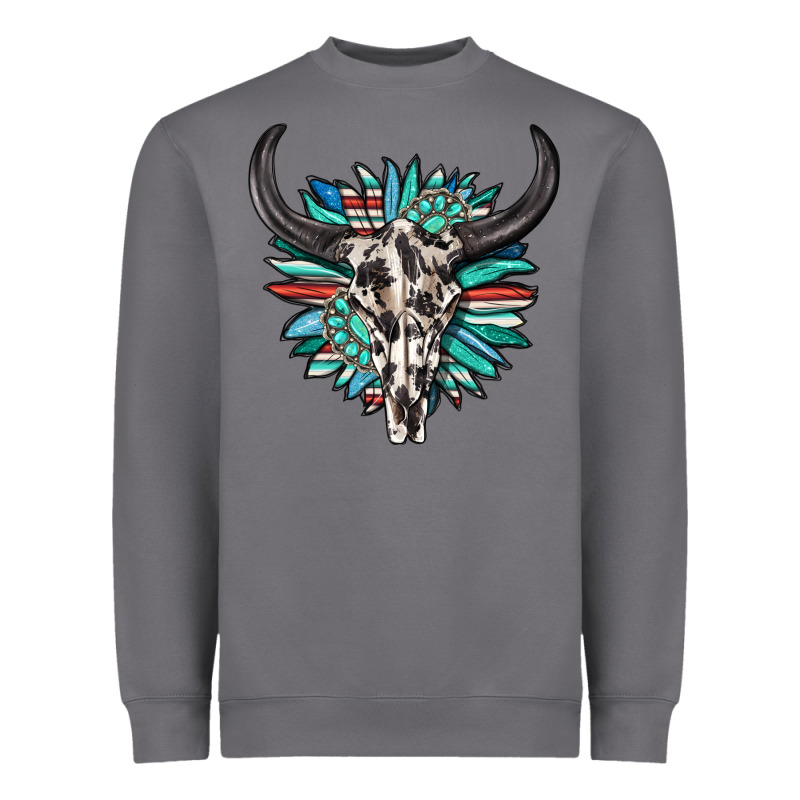 Western Bull Skull With Sunflower And Gemstone Heavyweight Sweatshirt by texasbilliewilder | Teevron