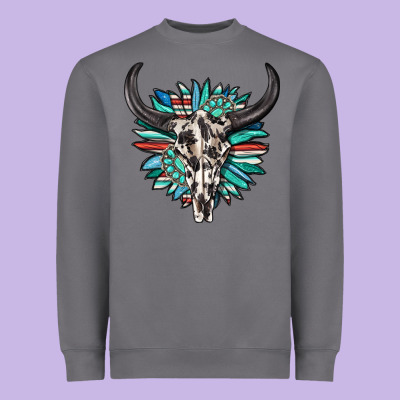 Heavyweight Sweatshirt western bull skull with sunflower and gemstone
