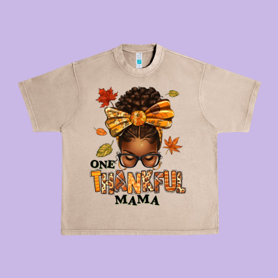 One Thankful Mama Afro Messy Bun Urban Heavy Tee Designed By Texasbilliewilder