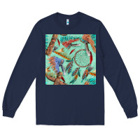Navy pipe tomahawk dreamcatcher headdress seamless patt Long Sleeve Tee - FaDigitalArtStudio