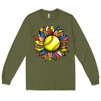 Army Green softball sunflower Long Sleeve Tee - HRA Design Shop