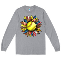 Heather Grey softball sunflower Long Sleeve Tee - HRA Design Shop