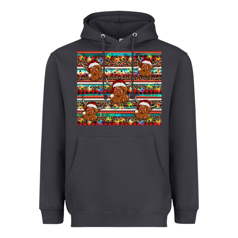 Christmas Turquoise Serape Highland Cow Heavyweight Hoodie by BarkalooDesign | Teevron