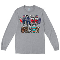Heather Grey land of the beacause of the brave Long Sleeve Tee - CowhideDigitalArt