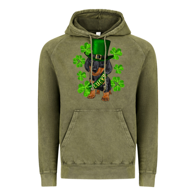 St. Patricks Day Lucky Dachshund Puppy Vintage Hoodie by RanaPortraitStore | Teevron