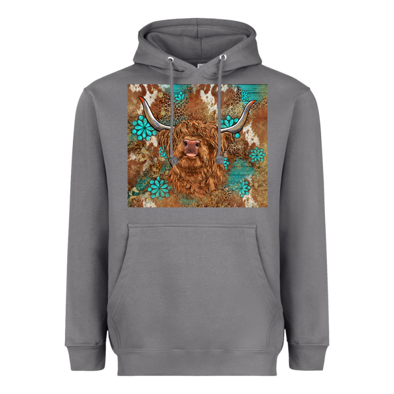 Highland Cow Turquoise Gemstones Western Patterns Heavyweight Hoodie by BarkalooDesign | Teevron