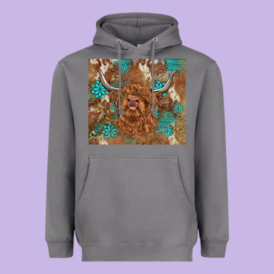 Highland Cow Turquoise Gemstones Western Patterns Heavyweight Hoodie Designed By Barkaloodesign