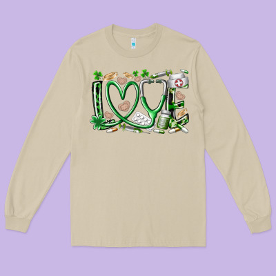 St.patricks Love Nurse Long Sleeve Tee Designed By Racoondesign