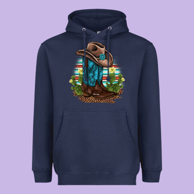 Western Boots And Hat Cactus Leopard Serape Pattern Heavyweight Hoodie Designed By Barkaloodesign