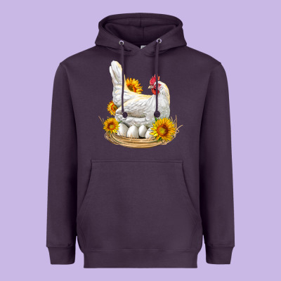 Perched Chicken With Sunflowers Heavyweight Hoodie Designed By Lillyallendesigns