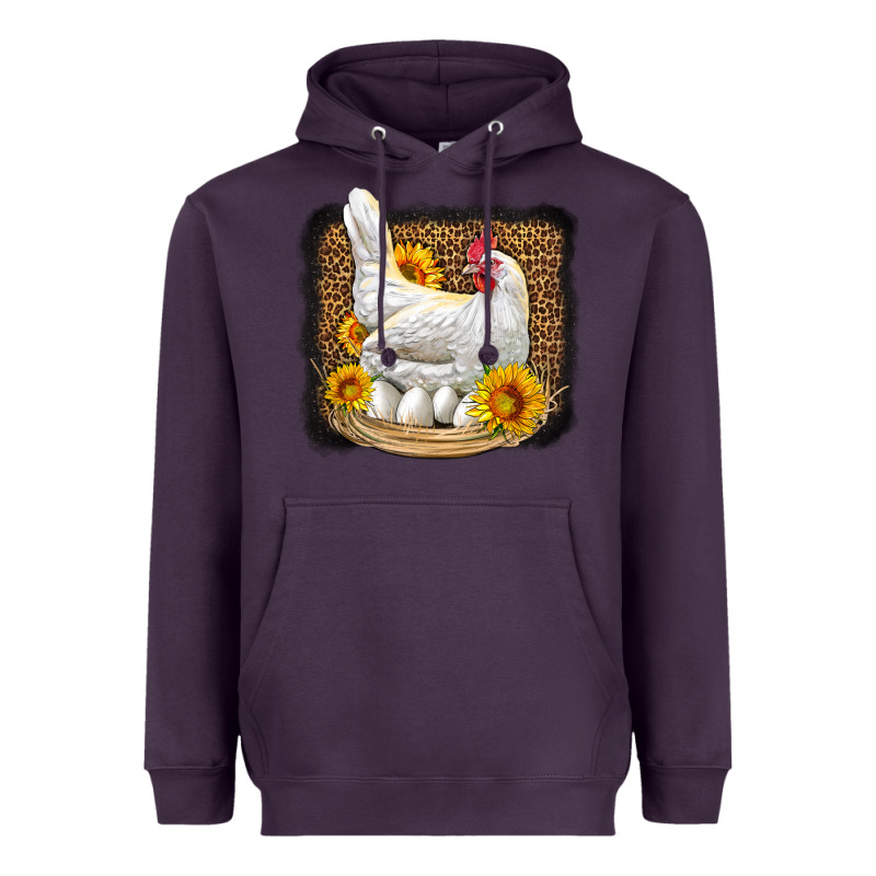 Perched Chicken With Sunflowers Leopard Background Heavyweight Hoodie by LillyAllenDesigns | Teevron