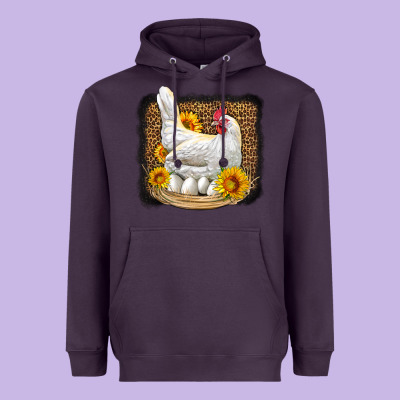 Perched Chicken With Sunflowers Leopard Background Heavyweight Hoodie Designed By Lillyallendesigns