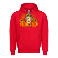 Red fall scarecrow with pumpkins Zipper Hoodie - Artiststas