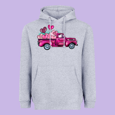 Valentine's Day Pink Truck Heavyweight Hoodie Designed By Barkaloodesign
