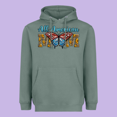 All American Mom American Flag Butterfly Heavyweight Hoodie Designed By Lillyallendesigns