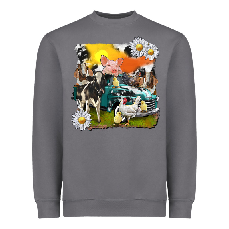 Cowhide Farm Truck With Farm Animals Heavyweight Sweatshirt by texasbilliewilder | Teevron