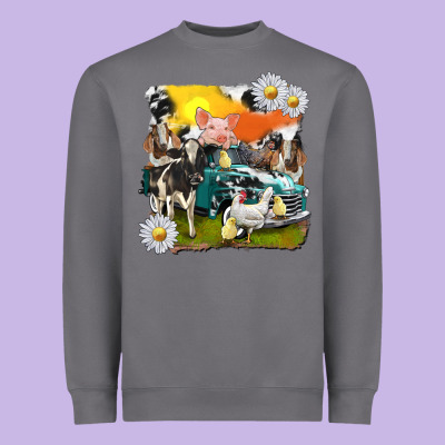 Heavyweight Sweatshirt cowhide farm truck with farm animals