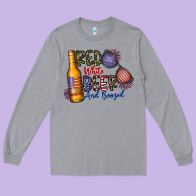 Red White Beer And Boozed Long Sleeve Tee Designed By Cowhidedigitalart