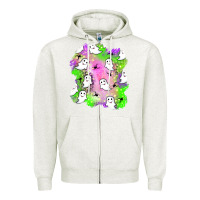 Oatmeal Heather ghost halloween patch Zipper Hoodie - BundleAndBundleShop