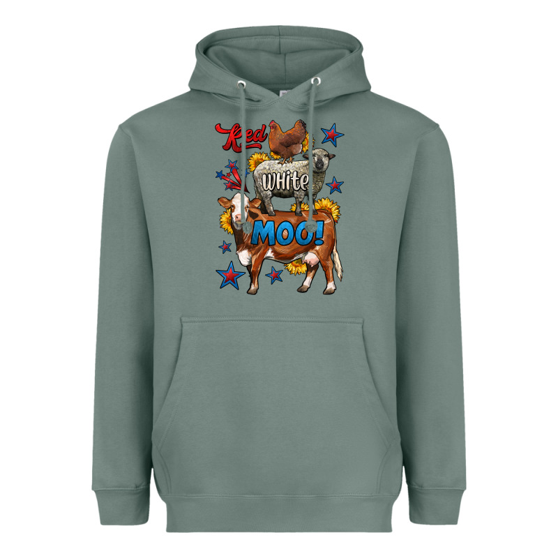Red White Moo Farm Animals 4th Of July Heavyweight Hoodie by LillyAllenDesigns | Teevron
