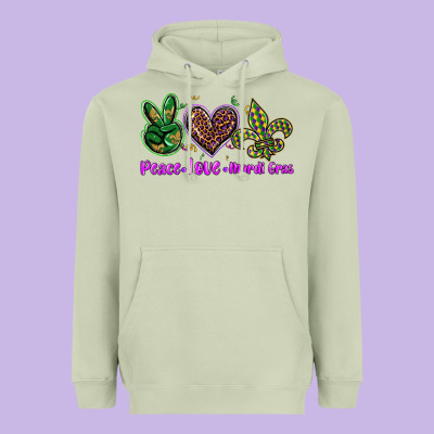 Peace Love Mardi Gras Heavyweight Hoodie Designed By Barkaloodesign