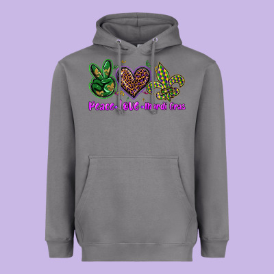 Peace Love Mardi Gras Heavyweight Hoodie Designed By Barkaloodesign