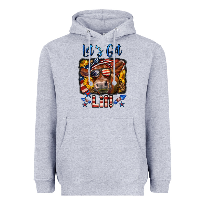 Let's Get Lit 4th Of July Cow Heavyweight Hoodie by LillyAllenDesigns | Teevron