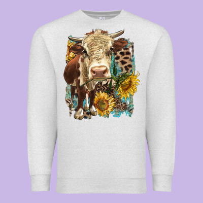 Hereford Heifer With Sunflower And Leopard Premium Sweatshirt Designed By Lillyallendesigns