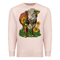 Pale Pink hereford bull with sunflowers Premium Sweatshirt - LillyAllenDesigns