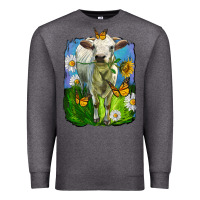 Charcoal Heather charolais heifer with sunflower and daisies Premium Sweatshirt - LillyAllenDesigns