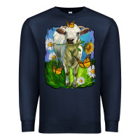 Navy charolais heifer with sunflower and daisies Premium Sweatshirt - LillyAllenDesigns