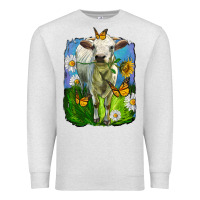 Oatmeal Heather charolais heifer with sunflower and daisies Premium Sweatshirt - LillyAllenDesigns