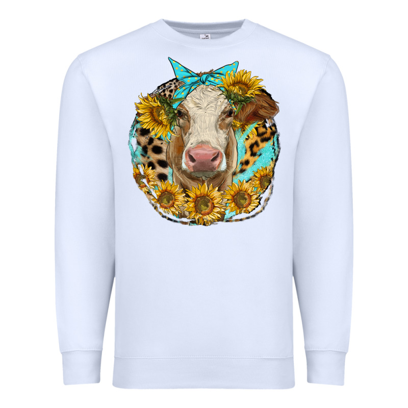 Simmental Heifer With Sunflowers And Leopard Premium Sweatshirt by LillyAllenDesigns | Teevron