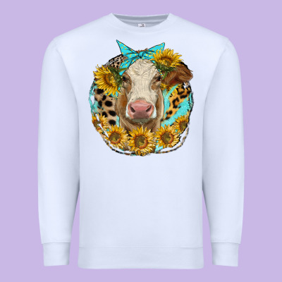 Simmental Heifer With Sunflowers And Leopard Premium Sweatshirt Designed By Lillyallendesigns