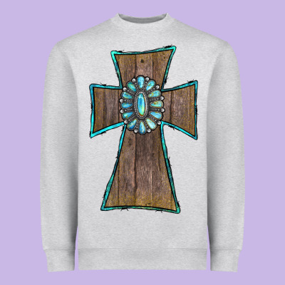 Heavyweight Sweatshirt Wood Turquoise Gemstone Cross
