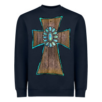 Navy Wood Turquoise Gemstone Cross Heavyweight Sweatshirt - RanaPortraitStore