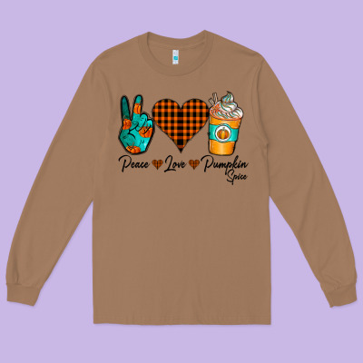 Peace Love Pumpkin Spice Long Sleeve Tee Designed By Cowhidedigitalart