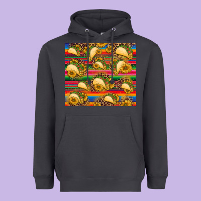 Tacos And Sunflowers With Serape Leopard Background Heavyweight Hoodie Designed By Barkaloodesign