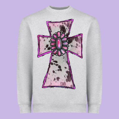 Heavyweight Sweatshirt Cowhide Pink Gemstone Cross