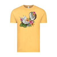 Vintage Mustard coconut with tropical leavers and flowers Vintage Tee - BarkalooDesign