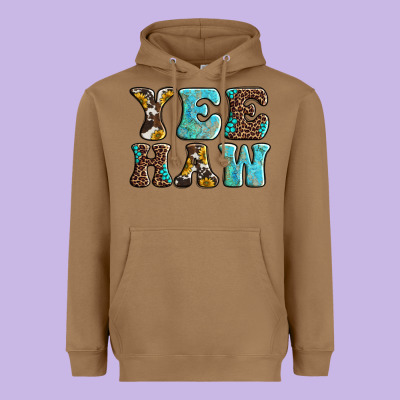 Western Sunflowers Turquoise Leopard Yee Haw Heavyweight Hoodie Designed By Barkaloodesign