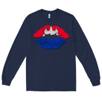 Navy cambodian flag lips Long Sleeve Tee - AdoDesignShop