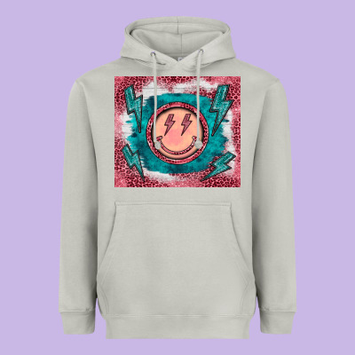 Western Lightning Bolt Smiling Face Turquoise Heavyweight Hoodie Designed By Barkaloodesign