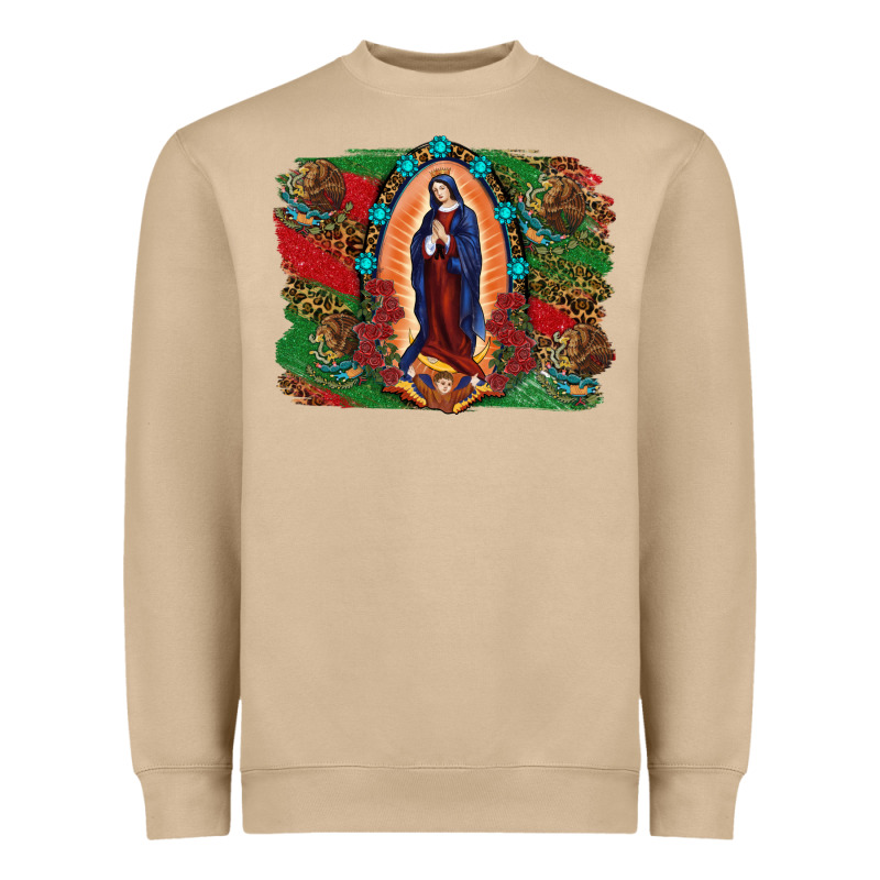 Mexican Flag Lady Of Guadalupe Distressed Backgrou Heavyweight Sweatshirt by RanaPortraitStore | Teevron