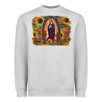 Heather Grey Sunflower Lady Of Guadalupe Distressed Background Heavyweight Sweatshirt - RanaPortraitStore