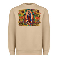 Mushroom Sunflower Lady Of Guadalupe Distressed Background Heavyweight Sweatshirt - RanaPortraitStore
