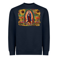 Navy Sunflower Lady Of Guadalupe Distressed Background Heavyweight Sweatshirt - RanaPortraitStore