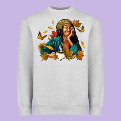 Heavyweight Sweatshirt Fall afro woman with coffee